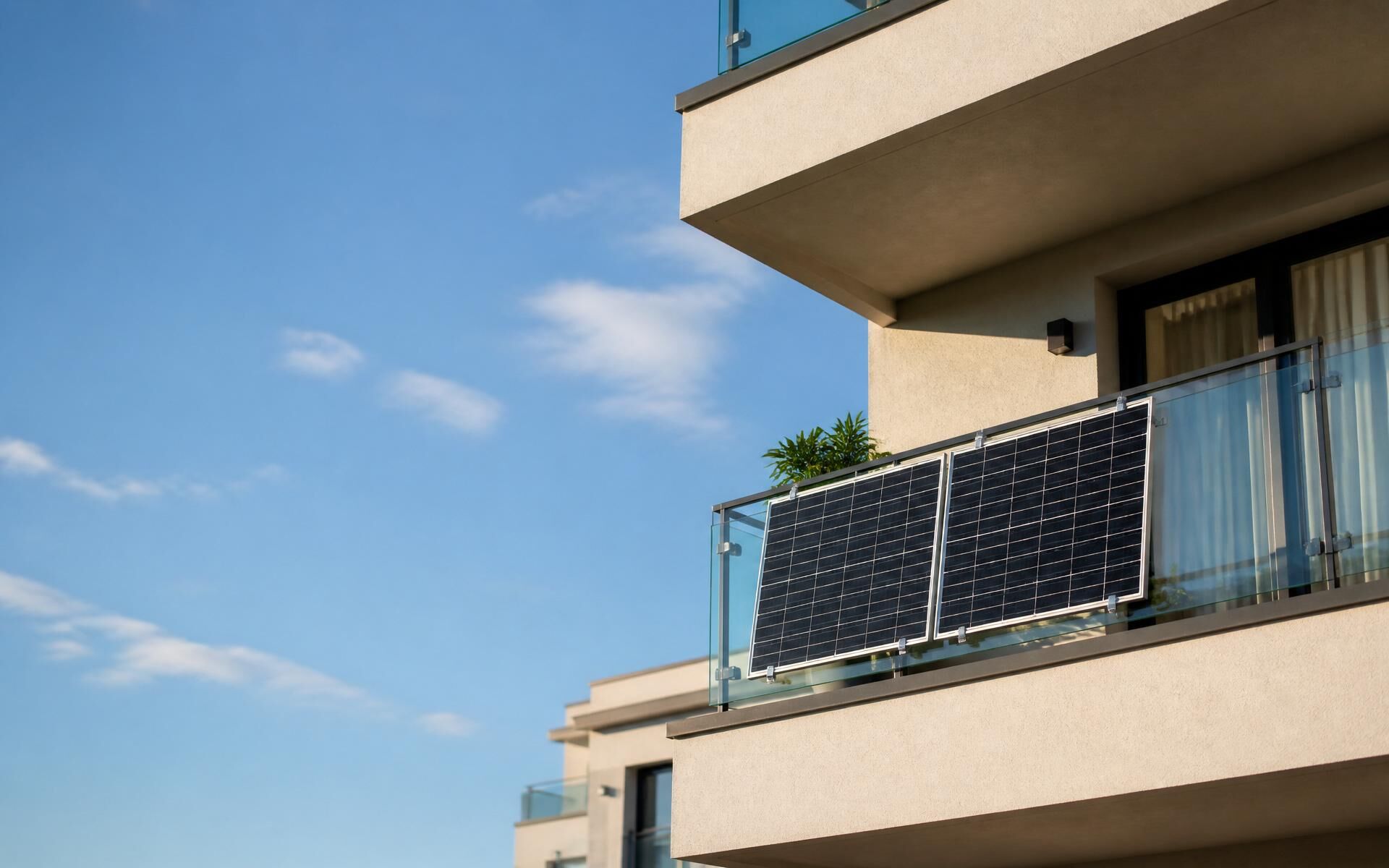 Kit de panouri solare montat pe balconul unui apartament modern din România